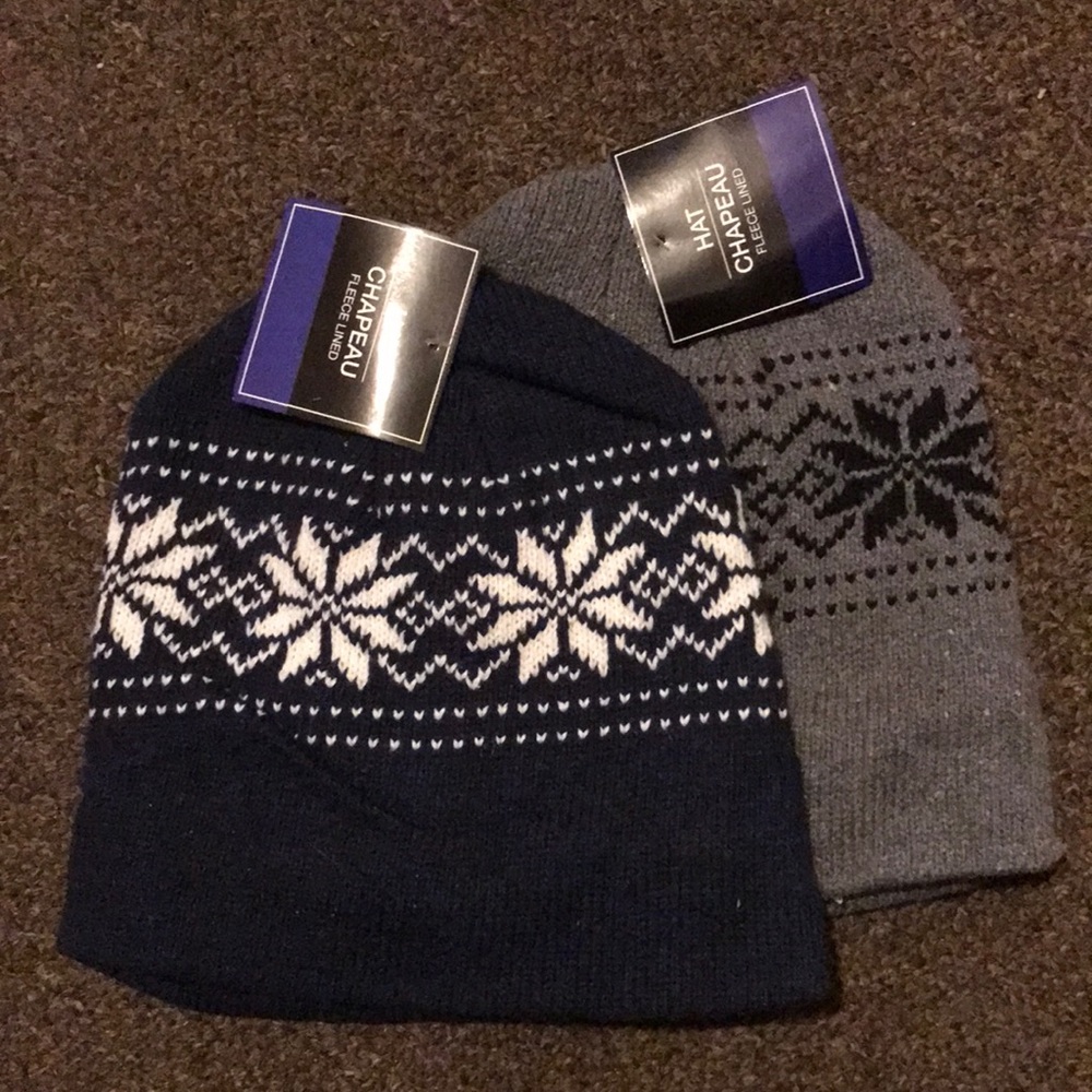 Pair Fleece lined winter hats band of Snowflake design Grey & Navy Blue men’s
